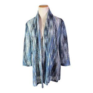 Kasper Size L Blue Sheer Open-Front Cardigan Jacket 3/4 Sleeves